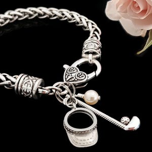 Golf Charm Bracelet: Antique Silver Golf Club, Visor & Pearl