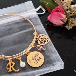 60th Birthday Bangle Bracelet: Vintage 1965, Pearl, Initial Charm