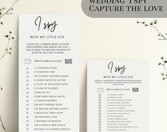May include: Wedding "I Spy" game cards with a minimalist design. The cards feature a list of wedding moments to capture, including a laughing guest, romantic kiss, and the couple's first dance. The cards also include a QR code and wedding hashtag.