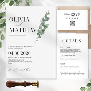 May include: Wedding invitation with a minimalist design featuring eucalyptus leaves and the names Olivia and Mathew. The invitation includes the date and time of the wedding, the location, and a request for RSVP by January 10, 2025.