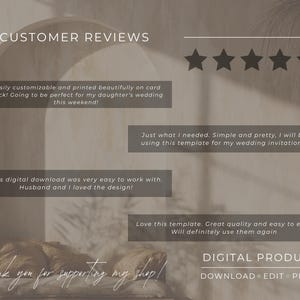 May include: A digital product image with customer reviews and a five-star rating. Text includes "Customer Reviews," "Digital Product," and phrases about easy customization and quality. The image has a neutral color palette.