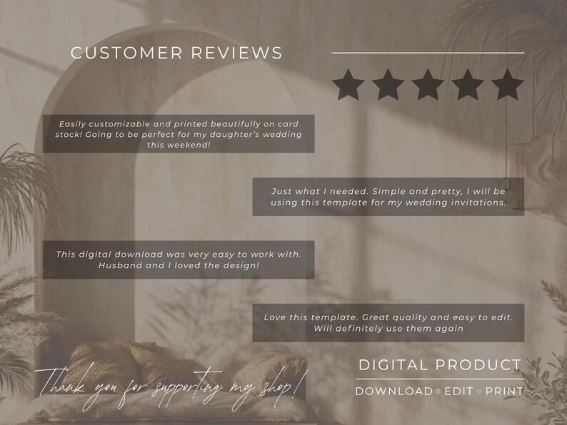 May include: A digital product image with customer reviews and a five-star rating. Text includes "Customer Reviews," "Digital Product," and phrases about easy customization and quality. The image has a neutral color palette.