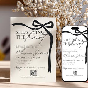She's Tying The Knot Bridal Shower Editable Invitation Template, Printable Black Coquette bow Invite Matching Mobile Shower Invitation 5x7 image 1