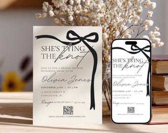 She's Tying The Knot Bridal Shower Editable Invitation Template, Printable Black Coquette bow Invite Matching Mobile Shower Invitation 5x7