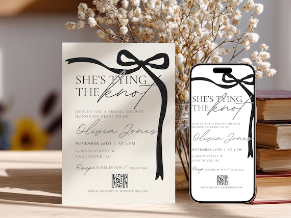 She's Tying The Knot Bridal Shower Editable Invitation Template, Printable Black Coquette bow Invite Matching Mobile Shower Invitation 5x7