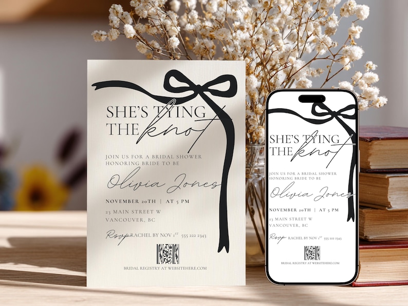 She's Tying The Knot Bridal Shower Editable Invitation Template, Printable Black Coquette bow Invite Matching Mobile Shower Invitation 5x7 image 1