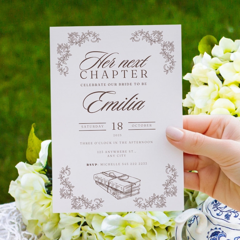 storybook bridal shower, a new chapter invitation, editable bridal shower invite, fairytale bridal shower, once upon a time bridal template, literary bridal shower, printable bridal shower Canva, digital bridal shower template