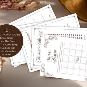 Printable bridal shower games bundle 9 games Her Next Chapter theme - What’s in your purse?
Would she rather?
He said She Said
Where were they? Written
Where were they -add your pictures
Date Night
Find the guest bingo 
Bridal Bingo
Guess the dress
Who knows the bride best?
Bucket List 
Bridal Word Scramble- Answer Key included