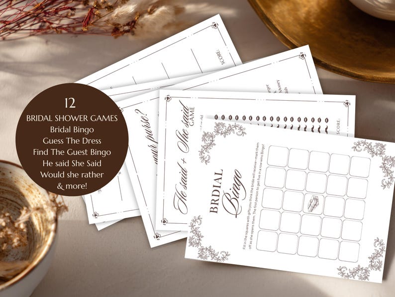 Printable bridal shower games bundle 9 games Her Next Chapter theme - What’s in your purse?
Would she rather?
He said She Said
Where were they? Written
Where were they -add your pictures
Date Night
Find the guest bingo 
Bridal Bingo
Guess the dress
Who knows the bride best?
Bucket List 
Bridal Word Scramble- Answer Key included