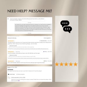 May include: A digital product image with customer reviews and a message icon. The text reads "NEED HELP? MESSAGE ME!". The reviews are displayed on a white background, and the message icon is black.