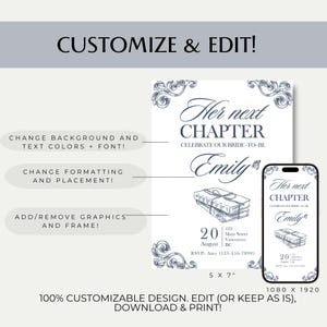 May include: A customizable invitation design with the text "Her next CHAPTER" and "Celebrate our bride-to-be Emily". The design includes decorative flourishes, date, time, and RSVP information. A phone mockup displays the design.