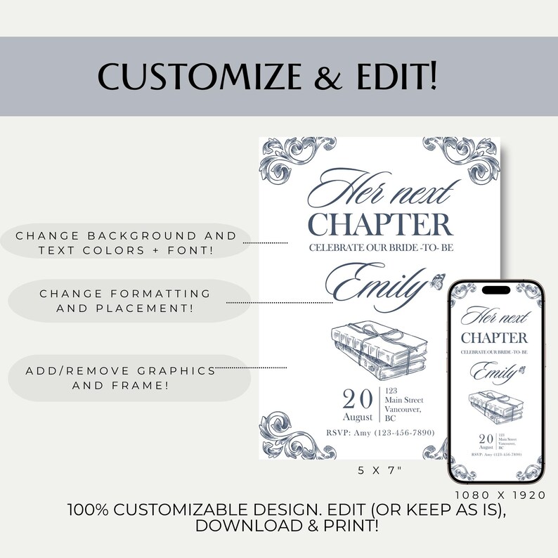 May include: A customizable invitation design with the text "Her next CHAPTER" and "Celebrate our bride-to-be Emily". The design includes decorative flourishes, date, time, and RSVP information. A phone mockup displays the design.