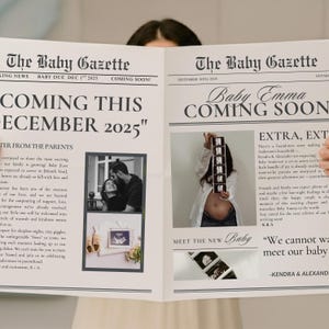 Op de afbeelding: Een krantachtige aankondiging, "The Baby Gazette", onthult "Baby Emma Coming Soon" en "Coming This December 2025". De aankondiging bevat foto's en tekst van de ouders, die hun opwinding over de komst van de baby delen.