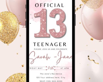 13th birthday invitation, 13th birthday invitation girl,  Instant Download, Teen Birthday Party, Editable Template, Rose Gold Glitter, 5x7