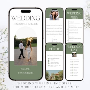 May include: A digital wedding itinerary and timeline displayed on a smartphone. The design features a couple walking, event details, and the text "Wedding Itinerary & Timeline." The date is June 6, 2025.