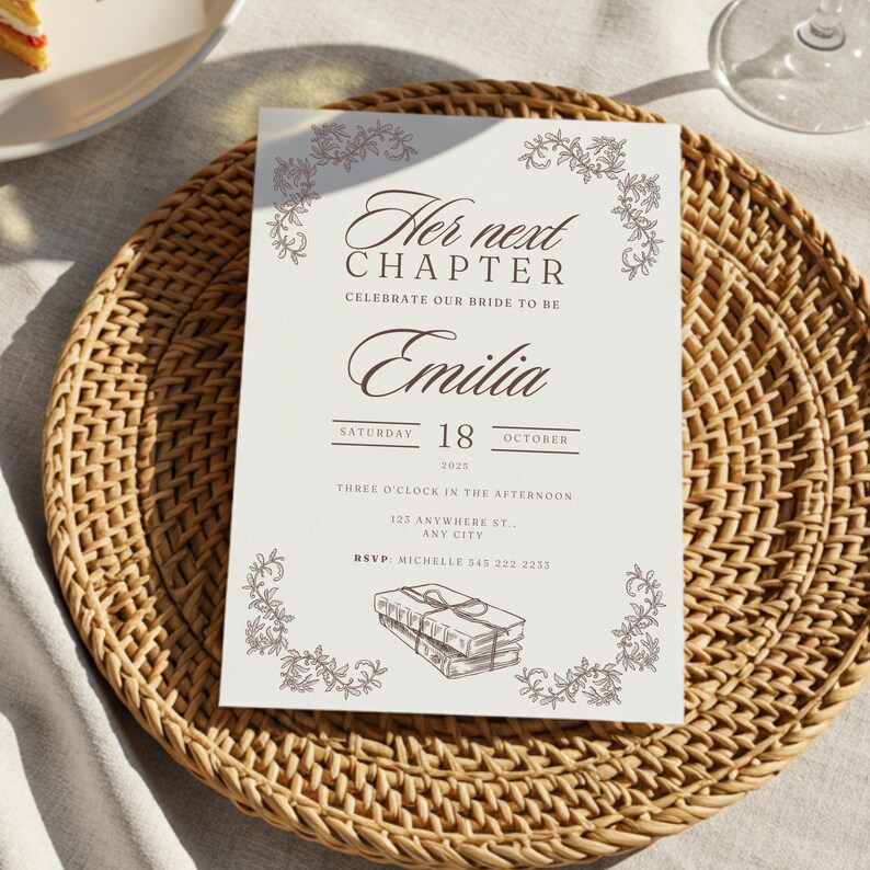 storybook bridal shower, a new chapter invitation, editable bridal shower invite, fairytale bridal shower, once upon a time bridal template, literary bridal shower, printable bridal shower Canva, digital bridal shower template