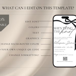 Editable shes ting the knot black bow simple bridal shower invitation template editable in canva printable or send digitally via stories or text!