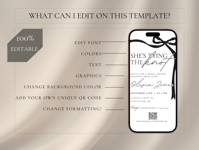 Editable shes ting the knot black bow simple bridal shower invitation template editable in canva printable or send digitally via stories or text!