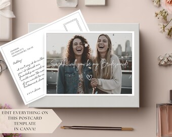 Bridesmaid Proposal Postcard Editable Template, Bridesmaid Proposal Template, Elegant will you be my bridesmaid card, instant download