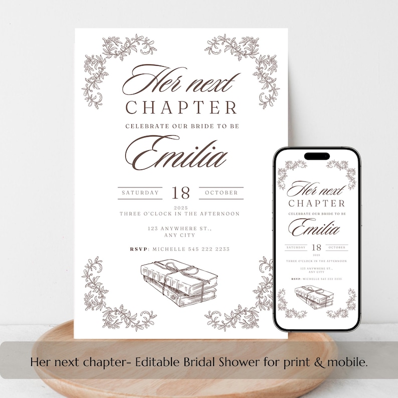 storybook bridal shower, a new chapter invitation, editable bridal shower invite, fairytale bridal shower, once upon a time bridal template, literary bridal shower, printable bridal shower Canva, digital bridal shower template