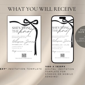 She's tying the knot 5x7 bridal shower invitation printable with black and white featuring black coquette bow. Includes a 1080x1920px digital wedding shower invitation same design