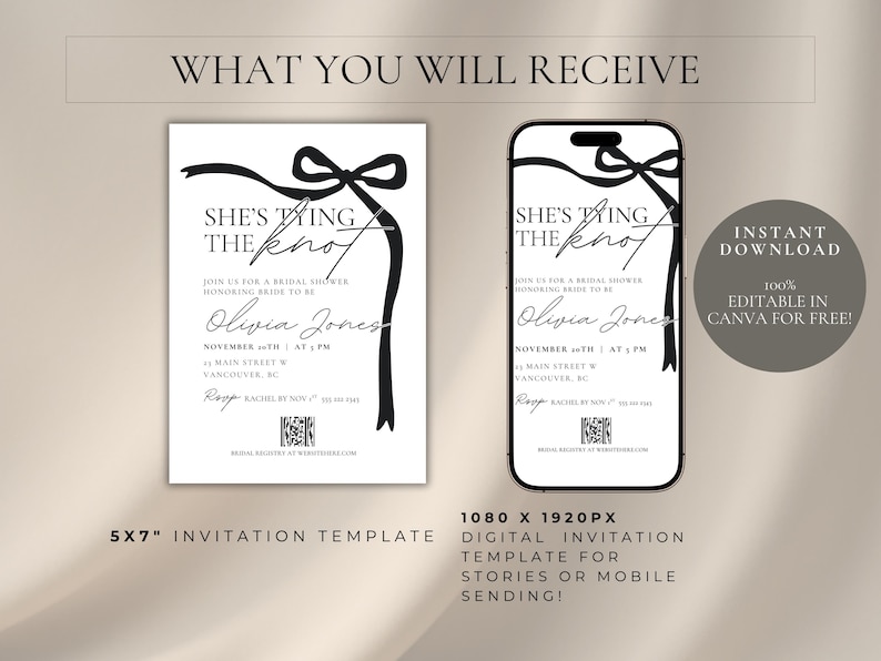 She's tying the knot 5x7 bridal shower invitation printable with black and white featuring black coquette bow. Includes a 1080x1920px digital wedding shower invitation same design