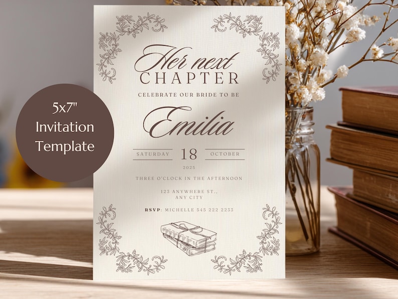 Her next chapter bridal shower invitation and bundle vintage aesthetic with literary graphic