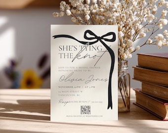 Editable She’s Tying the Knot Bridal Shower Invitation Template, Printable Black Coquette Bow Invite, Modern 5x7 Wedding Shower Card, Canva