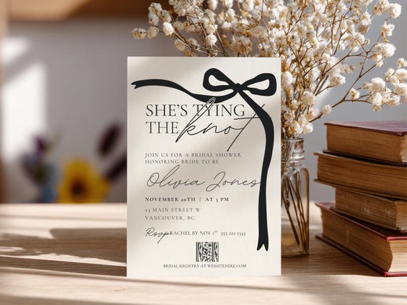 Editable She’s Tying the Knot Bridal Shower Invitation Template, Printable Black Coquette Bow Invite, Modern 5x7 Wedding Shower Card, Canva