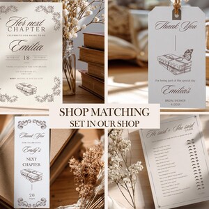 Her Next Chapter Bridal Shower Invitation Bundle Printable Bridal Shower Games Set Bookmark Favor Menu Thank You Tag