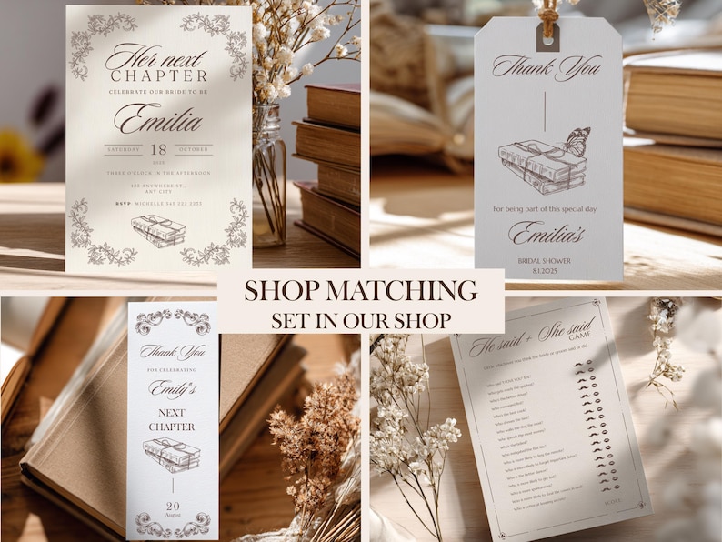 Her Next Chapter Bridal Shower Invitation Bundle Printable Bridal Shower Games Set Bookmark Favor Menu Thank You Tag