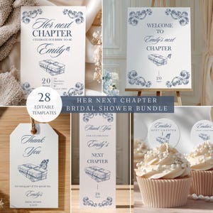 Her Next Chapter Bridal Shower Invitation Bundle, Printable Bridal Shower Games, Bookmark Favor, Menu & Tags, Mobile invitation Template Set