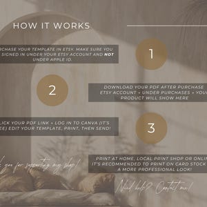 May include: A beige graphic with instructions on how to use a template purchased on Etsy. The text includes steps to download, edit, and print the template. The image also includes the text "Thank you for supporting my shop!"