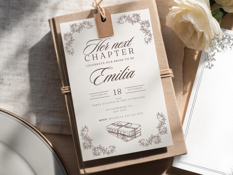 Her next chapter storybook bridal shower invitation 5x7 editable canva template. Dark brown color storybook theme elegant and vintage designs. Instant download