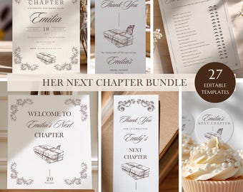 Her Next Chapter Bridal Shower Invitation Bundle Templates Printable Bridal Shower Games Set Bookmark Favor Menu Thank You Tags 5x7 Mobile