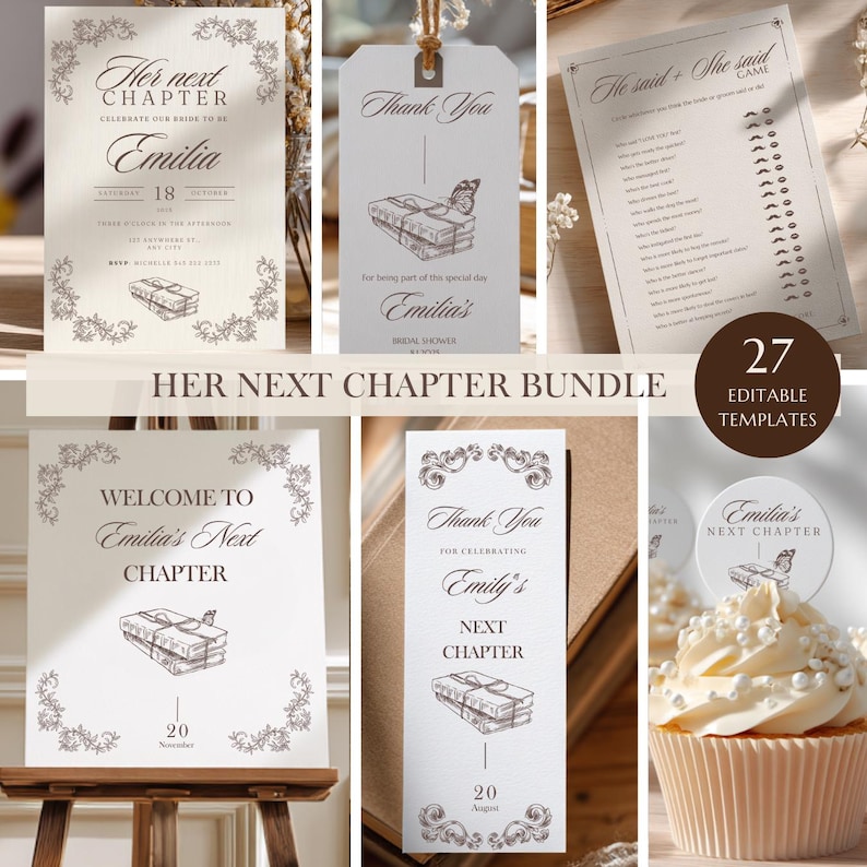 Her Next Chapter bridal shower bundle invitation games bookmark favor thank you tags printable set cupcake toppers & recipe cards