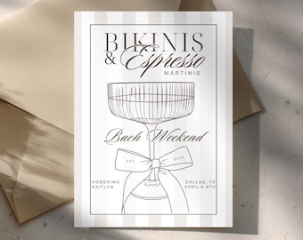 Bikinis and martinis bachelorette invitation and girls weekend itinerary editable template Canva Bachelorette invitation template hen party