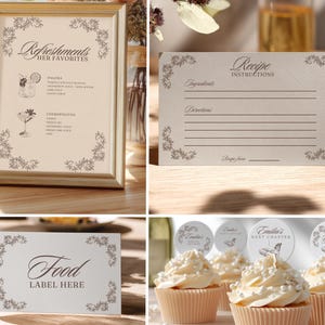 A NEW CHAPTER BEGINS BRIDAL SHOWER THEME TEMPLATE. RECIPE FOR THE BRIDE TO BE SIGN, FOOD LABEL AND CAKE TOPPER & COCKTAIL SIGN