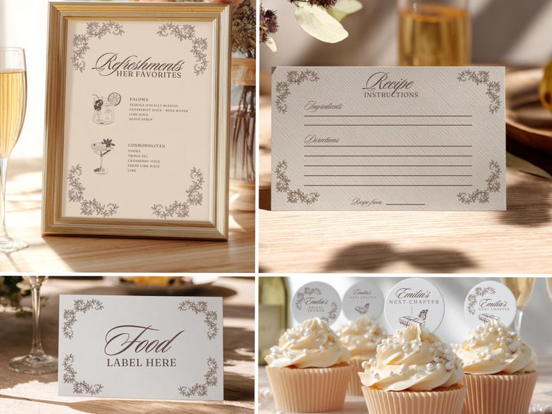 A NEW CHAPTER BEGINS BRIDAL SHOWER THEME TEMPLATE. RECIPE FOR THE BRIDE TO BE SIGN, FOOD LABEL AND CAKE TOPPER & COCKTAIL SIGN