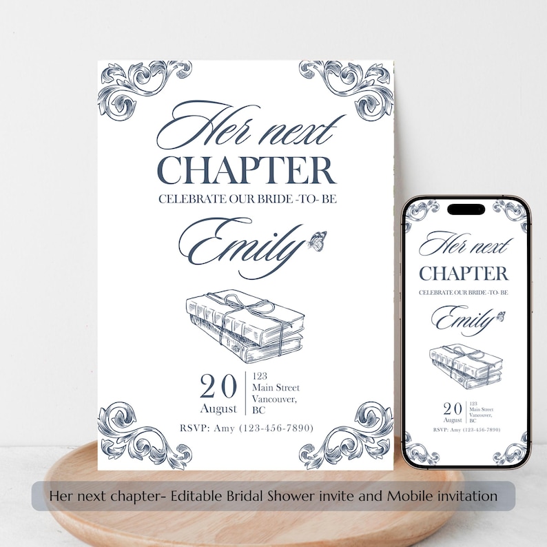 A new chapter begins bridal shower editable invitation and mobile invite Her new chapter bridal shower 5 x 7 instant download template canva