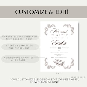 May include: A customizable invitation design with the text "Her next CHAPTER" and "Emilia". The invitation includes the date, time, and location. The design is 5 x 7 inches and can be edited and printed.