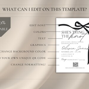 Editable shes ting the knot black bow simple bridal shower invitation template editable in canva