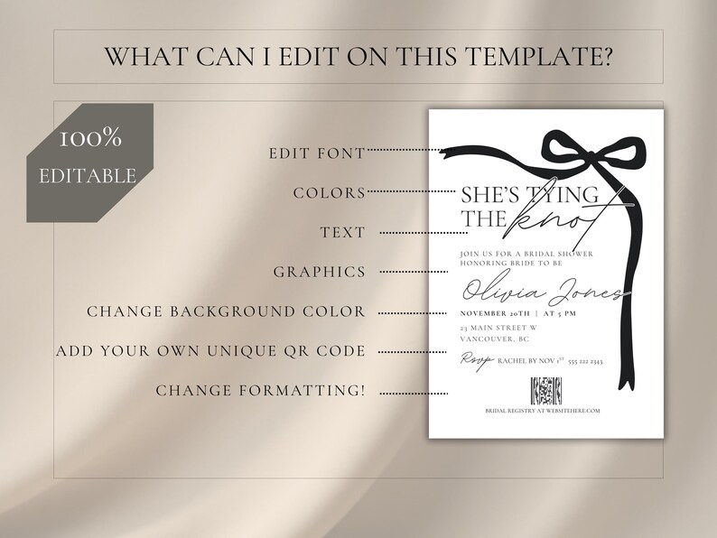 Editable shes ting the knot black bow simple bridal shower invitation template editable in canva