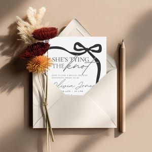 She's Tying the Knot Bridal Shower Invitation Template that is editable, Black Bow Ribbon Bridal Shower Invite, Bachelorette Party Invite, Printable 5x7 invitation or digitally send