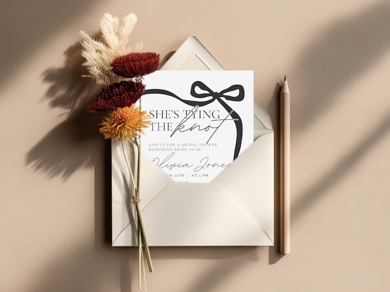 She's Tying the Knot Bridal Shower Invitation Template that is editable, Black Bow Ribbon Bridal Shower Invite, Bachelorette Party Invite, Printable 5x7 invitation or digitally send