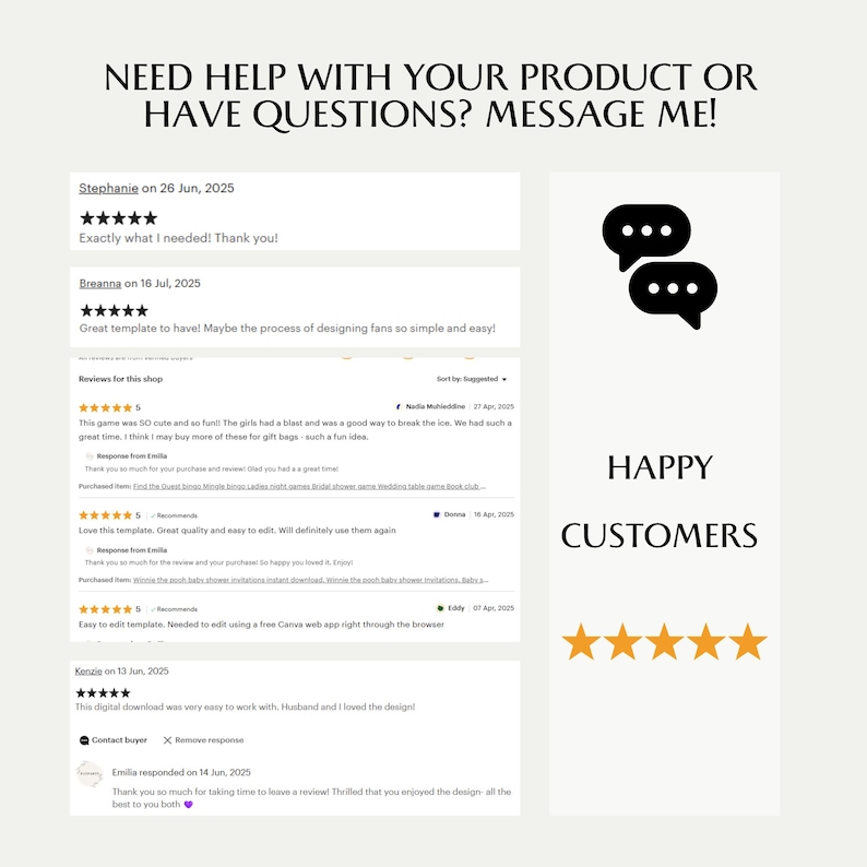 May include: A graphic featuring customer reviews and the text "NEED HELP WITH YOUR PRODUCT OR HAVE QUESTIONS? MESSAGE ME!". The image includes a section with the words "HAPPY CUSTOMERS" and five gold stars.