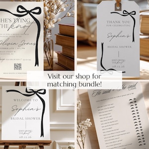 Editable She’s Tying the Knot Bridal Shower Invitation Template, Printable Black Coquette Bow Invite, Modern 5x7 Wedding Shower Card, Canva image 2