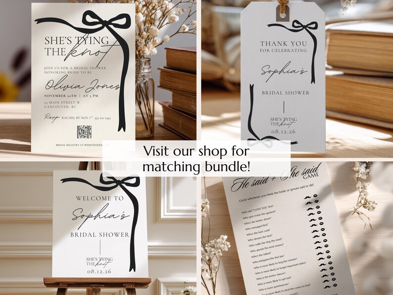 Editable She’s Tying the Knot Bridal Shower Invitation Template, Printable Black Coquette Bow Invite, Modern 5x7 Wedding Shower Card, Canva image 2