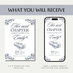 May include: A digital invitation design with the text "Her next CHAPTER" and "Emily" in elegant script. The design includes a floral border and a stack of books. The invitation is shown on a 5x7 inch template and a mobile phone.