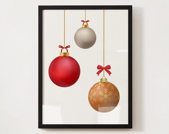 May include: Framed print featuring three Christmas ornaments. A large red ornament, a silver ornament, and a gold ornament with snowflake designs hang from gold strings. Each ornament is adorned with a red bow. The frame is black.